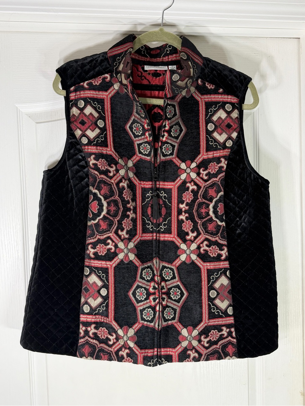 Susan Graver Quilted Patterned Zip-Front Vest - Black, Red l, Gold Size 14